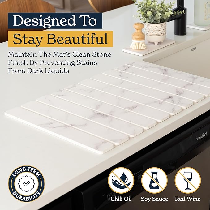Oleex 3-Pack Stone Dish Drying Mat Set Includes 1 Large 24”x16” & 2 Small 4”x9” for Kitchen Counter-Collapsible Diatomaceous Earth Pad Absorbs Water & Dries Dishes Fast, Non-slip, Odor-Resistant Mats