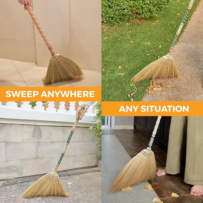 Asian Broom Grass Bamboo Stick with Full Embroidery Woven Nylon Thread Handle (Thai Pattern 2, Green)