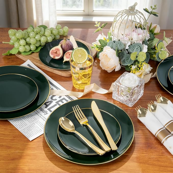 KIRE 350PCS Green Plates Disposable - Heavy Duty Green and Gold Plates - 50Guest Include Green Plastic Dinnerware - Pro Rolled Napkins with Gold Silverware and Cups for 2026 FIFA World Cup&Party