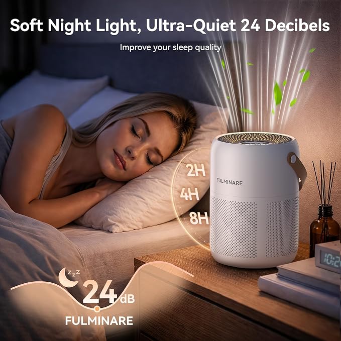 FULMINARE Air Purifiers for Home Bedroom Up to 680 Ft², with H13 HEPA Air Purifier, 360° Intake for Pet Hair, Smoke, Odors. Features 3 Speeds, Timer, 24dB Quiet & Night Light, (White)