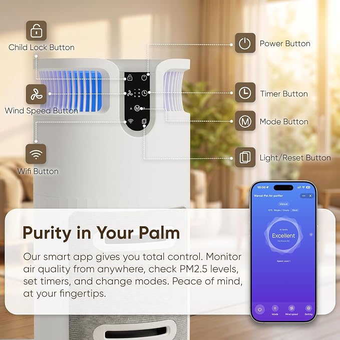 Greesum Pet Air Purifier for Cats, 320m³/h CADR Smart Air Cleaner with Cat Scratcher & Catnip Ball, 4-Color PM2.5 Indicator, App Control, Child Lock, Washable Body, Odor & Pet Hair Removal for Home