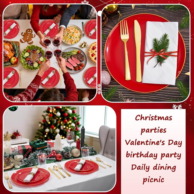 KIRE 350PCS Red Plastic Plates - Heavy Duty Red Plates Disposable - 50Guest Plastic Dinnerware Include 50Dinner Plate,50Dessert Plate,50Pre Rolled Napkins with Silverware for Wedding/Party