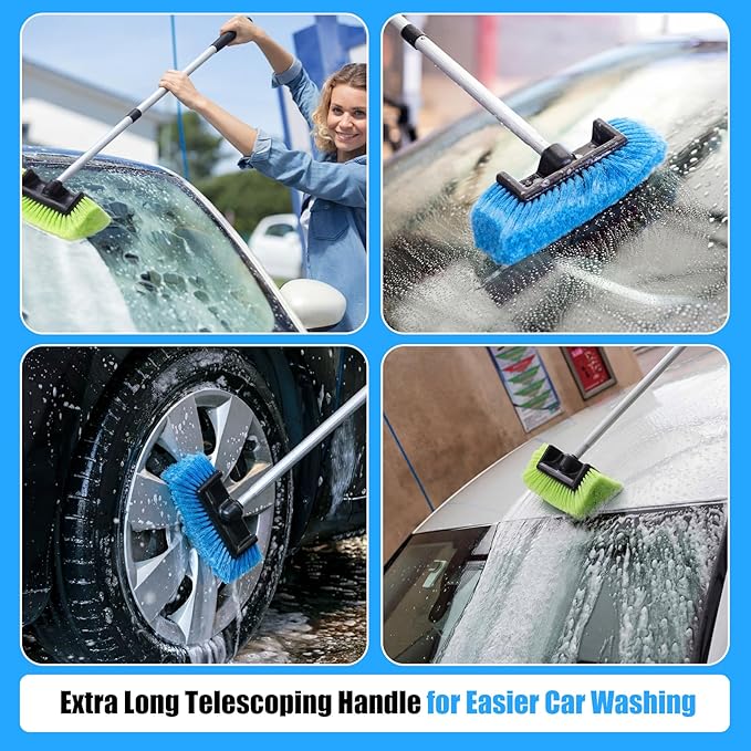 2 Pack 58 Inch Extendable Car Wash Brushes, Soft Bristled Scratch Free Cleaning System with Long Handle, Universal Cleaning Tool Set for Vehicles Home Windows Tires Snow Removal(Green+Blue)