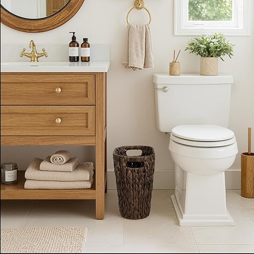 StorageWorks 4.5 Gallon Slim Bathroom Trash Can with Built-in Handles, Decorative Wicker Waste Basket for Bathroom and Bedroom, Office Garbage Cans for Bedroom, Narrow Trash Bin for Decor, Brown