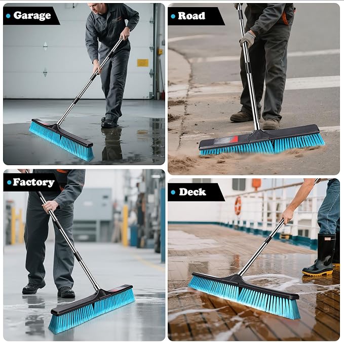 MASTERTOP 24" Heavy Duty Push Broom with Ultra-Sturdy Adjustable Handle, 6-Layer Stiff Bristles Garden Yard Broom, Outdoor Sweeping Brush for Garage, Patio, Driveway, Warehouse, Deck, Tile & Concrete