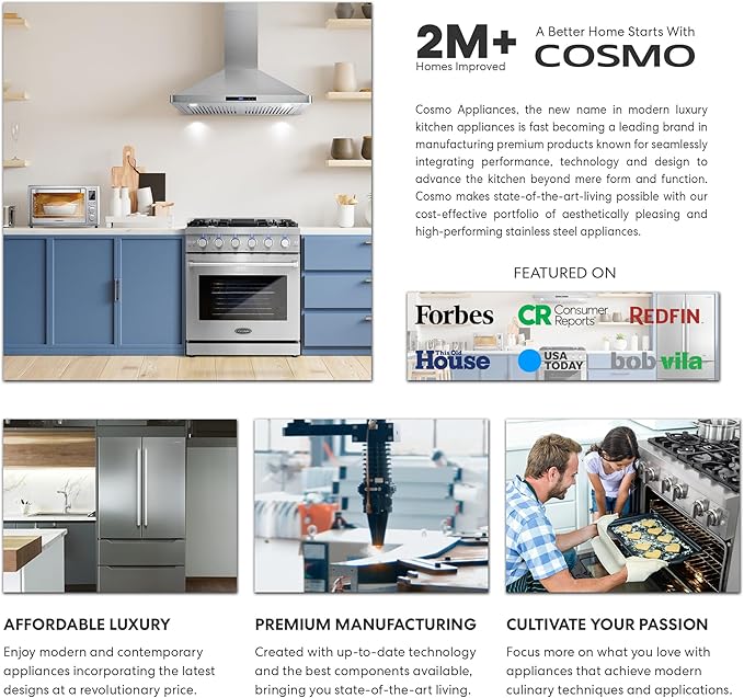 COSMO COS-668A750 30 in. Vista Collection 380 CFM Ducted Wall Mount Range Hood, Button Controls, LED Lights, Stainless Steel