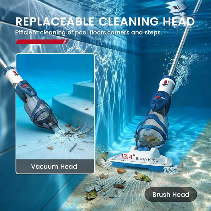 ENHULK Cordless Pool Vacuum, Upgraded Dual Mode, 22 GPM Powerful Suction, 13.4" Wide Head & 98.4" Telescopic Pole, 4 Filter Units, 1H Runtime, Handheld Pool Cleaner for Above/Inground Pools, PC20