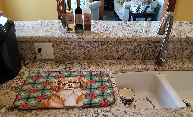 Caroline's Treasures Red Tibetan Spaniel Christmas PoinsettIas Dish Drying Mat Absorbent Dish Drying Mat Pad for Kitchen Counter Dish Drainer Mat for Countertop, 14 x 21", Multicolor
