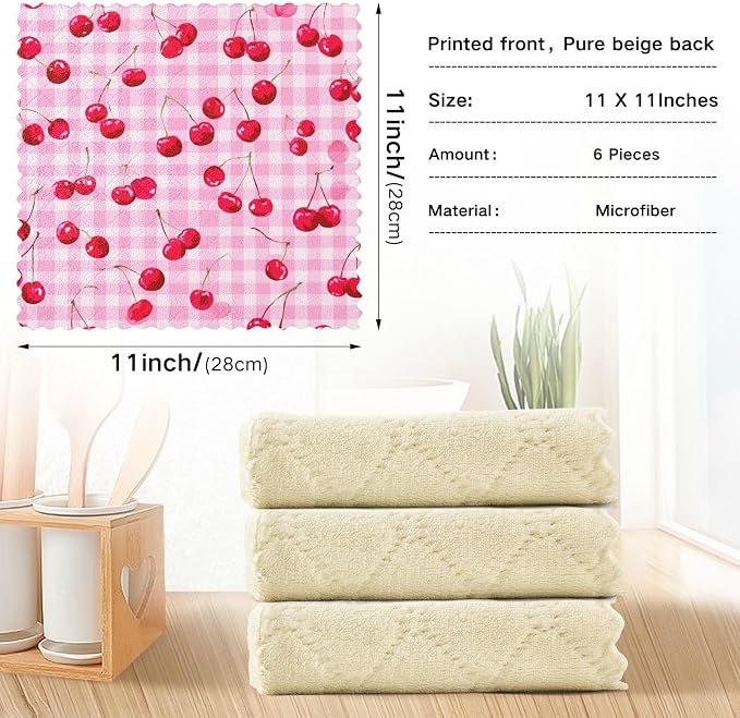 Pink Juicy Checkered Cherry Kitchen Towels Dish Cloths Set of 6 Microfiber Cleaning Cloths for Cars Super Absorbent Machine
