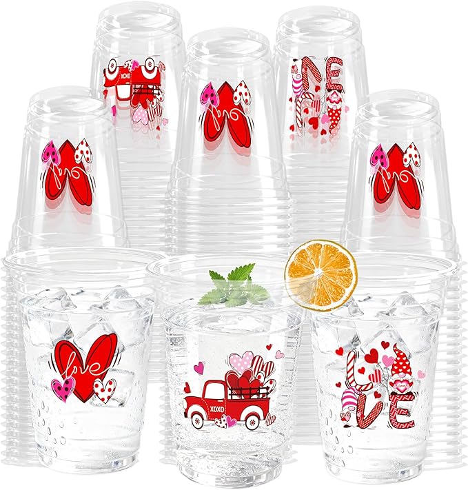 100PCS Valentine's Day Plastic Cups, 16 Oz Disposable Love-Themed Party Cups with Heart, Truck & Gnome Designs, Clear Plastic Cups for Anniversary, Romantic Parties