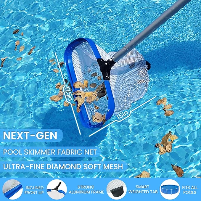 Poolvio 17.5" Pool Net with Diamond Ultra-Fine Mesh & 15 FT Telescopic Pole