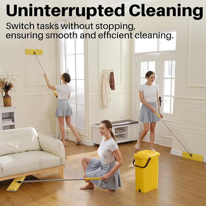 JOYMOOP Industrial Mop and Bucket Set, 17.7-inch Dust Mops for Floor Cleaning, Flat Mop Bucket with Wringer, Include 5 Reusable Microfiber Mop Pads - Yellow