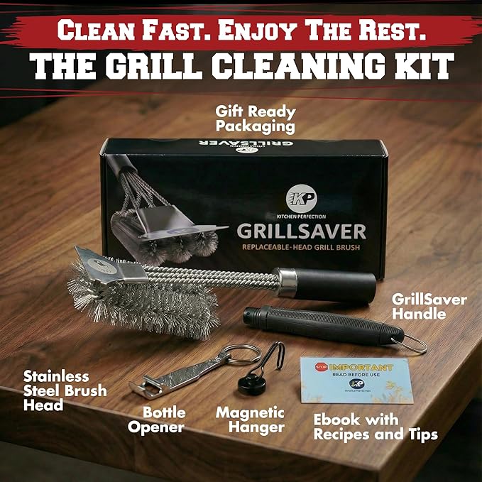 KITCHEN PERFECTION GrillSaver - Safe BBQ Grill Brush for Outdoor Grill with Replaceable Cleaning Head -Heavy-Duty Grill Cleaner with Scraper for All Grates +2 Bonuses -Best Grilling Gifts for Men
