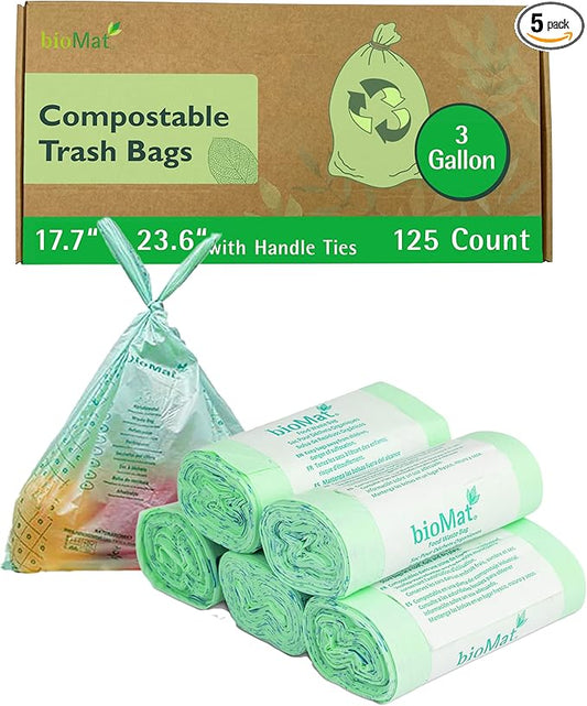 bioMat Compostable Trash Bags 3 Gallon with Handle Ties, 125 Count, Small Kitchen Food Scrap Bin Liners, BPI, CMA and OK Compost HOME certified, Meets the ASTM D6400 Standard