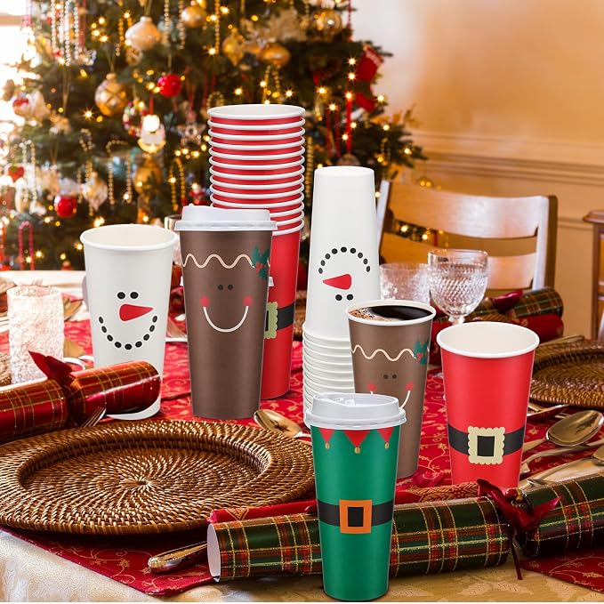Dandat 20 oz 52 Pcs Christmas Coffee Paper Cups with Lids Disposable Christmas Paper Cups for Hot Cocoa Tea Beverage Holiday Xmas Party Supplies