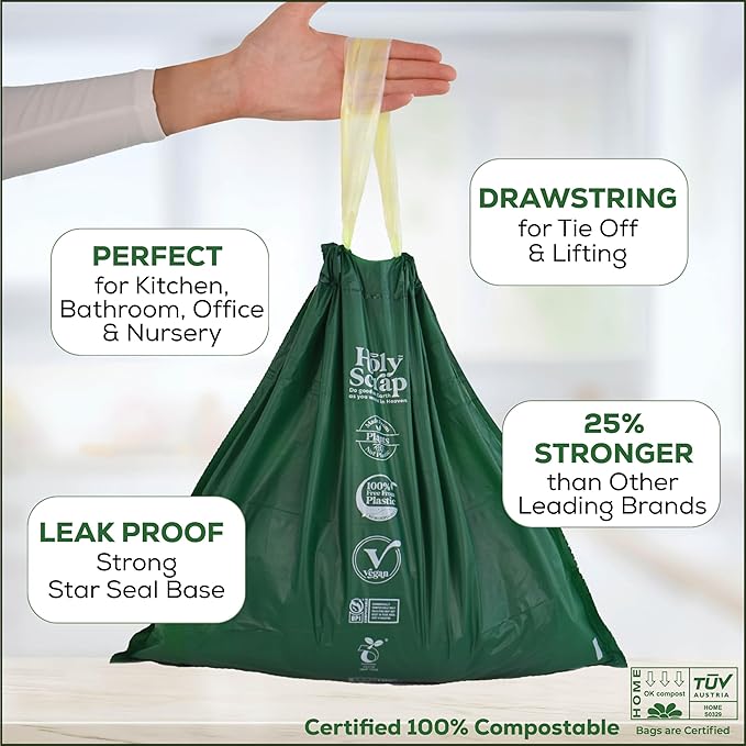 100% Compostable Trash Bags 3.2 Gallon - 60 Pack - Small Drawstring Compost Bags, Eco Friendly Food Scraps Recycling Bag for Kitchen Waste Bin - BPI Certified, OK Compost Home