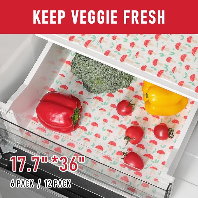 Cooyes 12 Pack Cloth Shelf Liners for Kitchen Cabinets, 17.7" × 36", Non-Slip Refrigerator Liners Machine Washable, Crisper Drawer Mats for Glass Shelves and Freezers, (Red Mushroom)