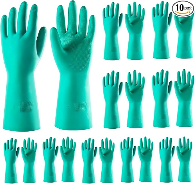 ThxToms 10 Pairs Nitrile Chemical Resistant Gloves, 15mil,13", Reusable Latex Rubber Free Heavy Duty Gloves, Acid Alkali Oil Protection, Industrial Use and Household Cleaning, Non-Slip, Large