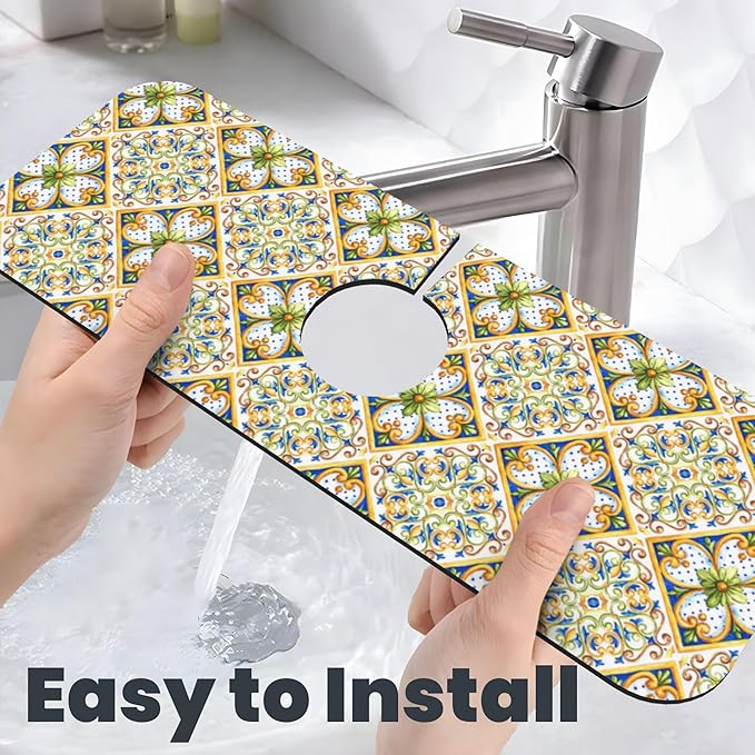 3Pcs Italian Majolica Tiles Dish Drying Mat & Kitchen Sink Splash Guard Faucet Mat For Kitchen Counter Absorbent Microfiber Dishes Pad Dish Drainer Rack Mats Fast Dry Kitchen Accessories