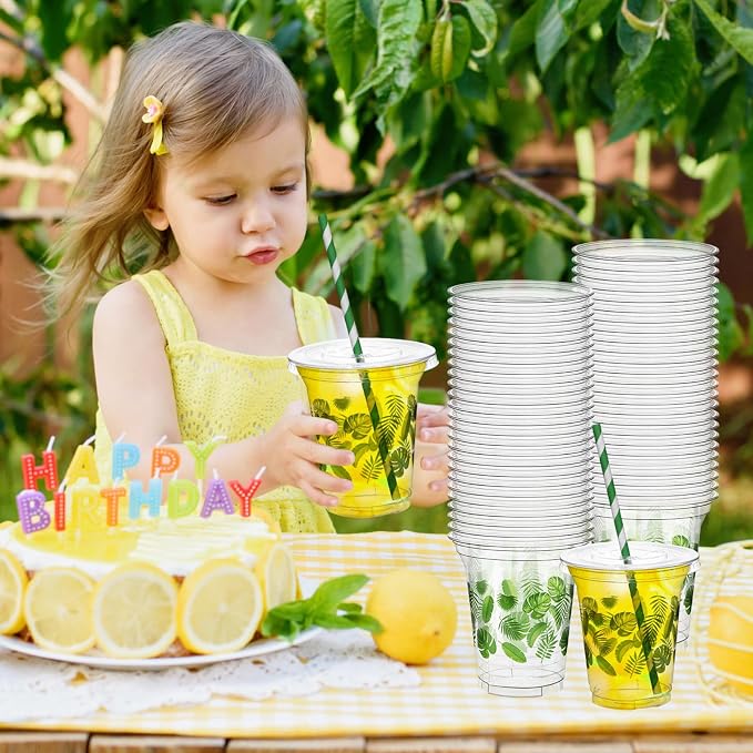 Umigy 100 Pack Plastic Disposable Cups with Lids and Straws 12 oz Disposable Cups for Juice Water Coffee Summer Party Sports Party Supplies(Palm Leaf)