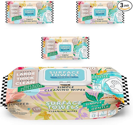 Juniper CLEAN 3 Packs Surface Cleaning Wipes Bleach Free, Thick & Large Dispose, All-Purpose Cleaner for Bathroom, Kitchen, Office, 100 Count Soft Flow, Biodegradable, No Scent