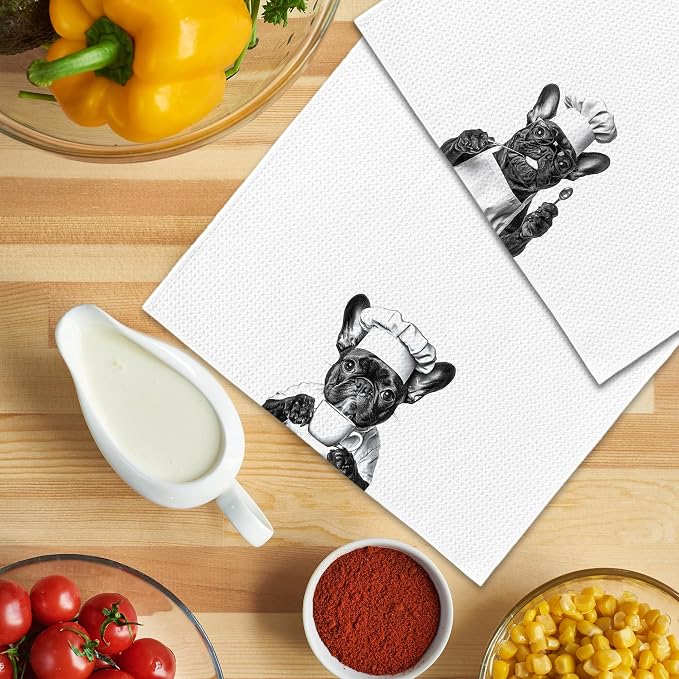 Funny French Bulldog Chef Kitchen Towels Set of 2, Black and White Frenchie Cooking Frenchie Gift Dish Tea Towels for Kitchen, Dog Lover Dining Room Decorative Hand Towel 16x24 Inch