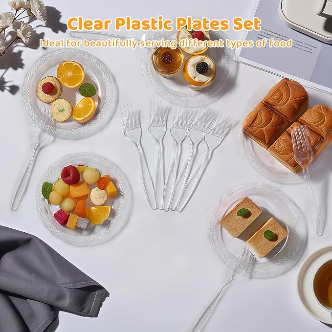 OMISTAR 800 set 6inch Clear Plastic Dessert Plates and Forks, Include 400 Disposable Appetizer Plates with 400 Plastic Forks, Round Dinner Plate for Wedding BBQ Picnic Camping Events Party Supplies