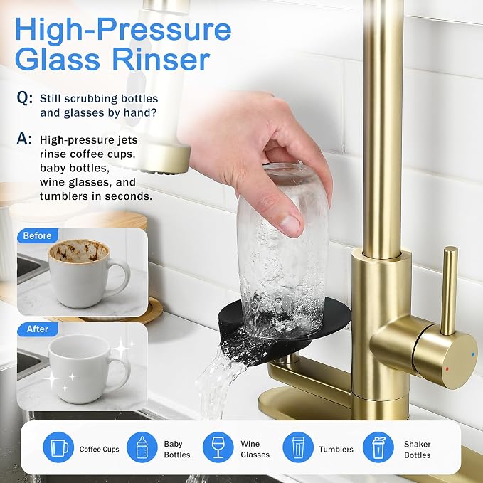 Kitchen Faucet with Glass Rinser for Sink, Pull Down Faucet with 3 Spray Modes and High Pressure Glass Rinser, Single Hole 2 in 1 High Arc Stainless Steel Kitchen Faucets (Brushed Golden)