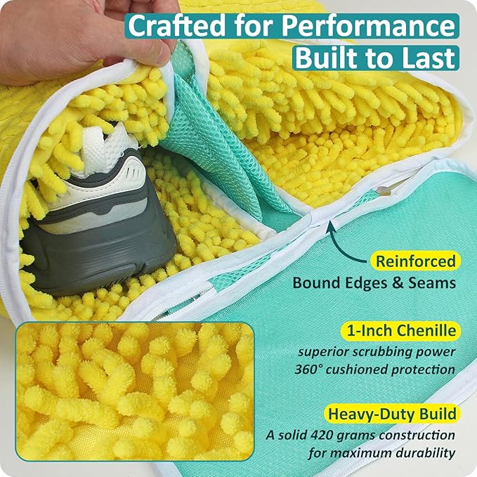 Upgraded Dual Compartment Shoe Washing Machine Bag, 420g Heavy-Duty Sneaker Laundry Bags with Clasp-Lock Zipper, Thick Chenille & Reinforced Seams for Maximum Protection, Yellow/Blue, 2-Pack