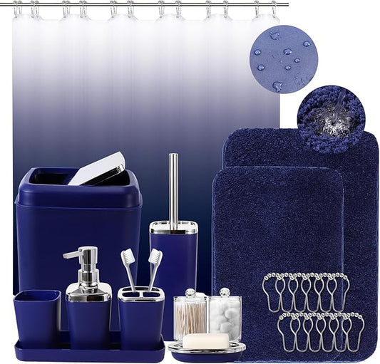 XLHOMO 24PC Navy Blue Bathroom Set with Shower Curtain and Rugs, Blue Bathroom Sets Complete with Trash Can,Soap Dispenser,Soap Dish,Toilet Brush,Toothbrush Holder and Cup,Tray,Q-Tip Holders
