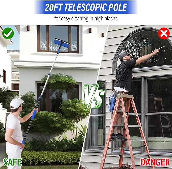 26FT High Window Washing Kit with Extension Pole, 2 in 1 Window Cleaning Squeegee Kit, Cobweb Duster with 5-20FT Telescoping Pole, High Reach Duster Kit for Outdoor, Indoor and Solar Panel Cleaning