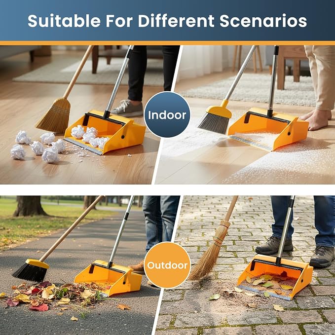 REEWII Large Commercial Dustpan with Comb，Long Handle Upright Heavy Duty Dust Pan Outdoor Indoor for Courtyards, Garages, Lobbies, Shopping Malls, Market Floors, Sidewalks, Classroom Floor Cleaning