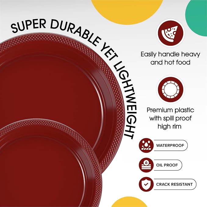 Exquisite Party Solids Burgundy Plates Disposable Burgundy Plastic Plates 100 Pieces - 50-7" & 50-9" Heavy Duty 350 GSM Disposable Dinnerware Sets, Plastic Dinnerware Sets