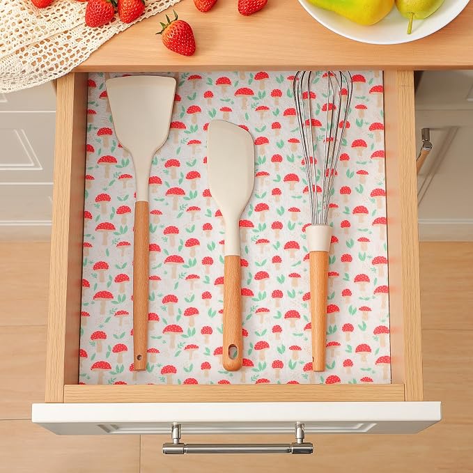 Cooyes 12 Pack Cloth Shelf Liners for Kitchen Cabinets, 12" × 24", Non-Slip Refrigerator Liners Machine Washable, Crisper Drawer Mats for Glass Shelves and Freezers, (Red Mushroom)