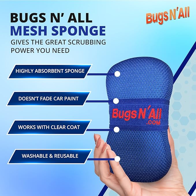 Bugs N' All Multi Surface Cleaner Spray Concentrate 4 oz. w/Empty Cleaning Spray Bottle 32 oz. & Bug Sponge for Car Washing - Mutli-Vehicle Cleaning - Bug & Tar Remover for all Vehicles