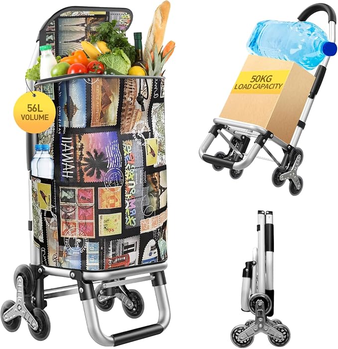 Heavy Duty 3 in 1 Shopping Cart, Foldable Hand Truck with 6 Wheels, 110 lbs Grocery Cart, Portable Utility Dolly, Waterproof Bag for Moving, Camping