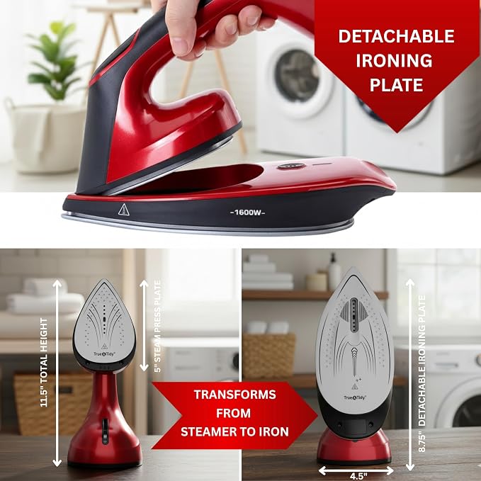 True & Tidy 2-in-1 Iron and Handheld Steamer, 1600W Dual Heating System with Ceramic-Coated Plate, LCD Display, No-Drip Technology, 3 Fabric Modes, Portable Garment Steamer for Home & Travel