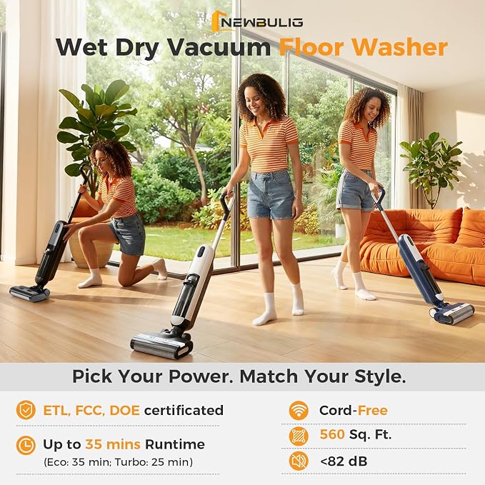 NEWBULIG Cordless Wet Dry Vacuum Cleaner, All in One Vacuum Mop for Hard Floor, Vac Mops with Auto Self-Cleaning, Dual Water Tank, Anti-Tangle Design, Dual-Sided Edge Cleaning, 35 Mins Rumtime