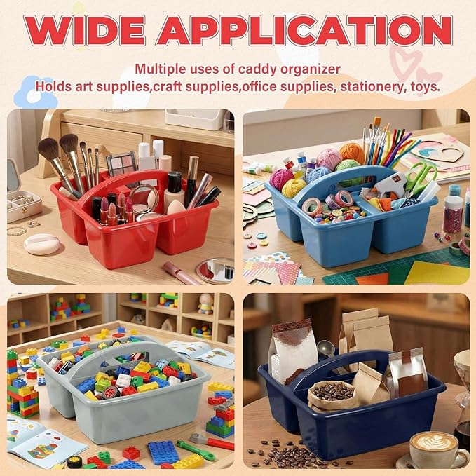 Kathfly 4 Pack Caddy Organizer with Handle, Stackable Organization Storage, Small Plastic Basket Classroom Caddy for Table Desk Office Pencil Kids Room Craft Art Teacher School Supplies (Blue Red)