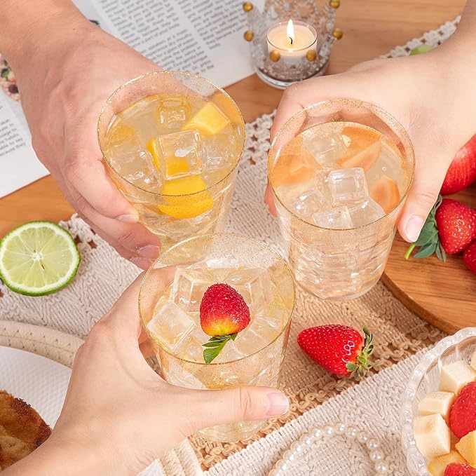supernal 200pcs Gold Glitter Plastic Cups - 10oz Heavy Duty Disposable Party Cups | Premium Clear Shimmer Tumblers for Wedding, Birthday Cocktail, Banquet Wine Toasting & Catering