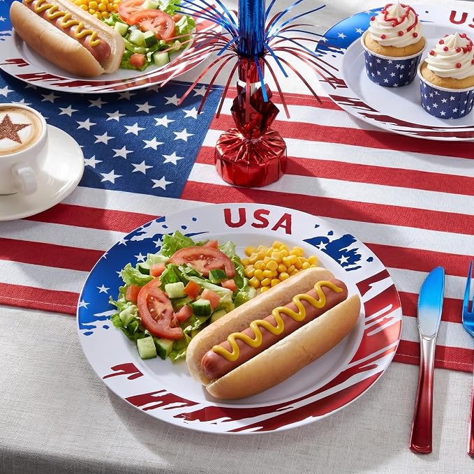 BESTVIP 50Pcs 4th of July Plastic Plates - Patriotic Red White Blue Disposable Plates with USA Pattern for Independence Day Memorial Day Party Supplies