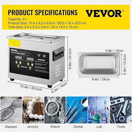 VEVOR 3L Upgraded Ultrasonic Cleaner (200W Heater,120W Ultrasonic) Professional Digital Lab Ultrasonic Parts Cleaner with Heater Timer for Jewelry Glasses Parts Cleaning