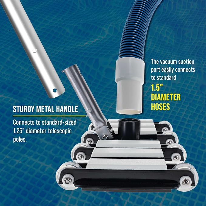 U.S. Pool Supply Manual Pool Vacuum Head for Inground Pools, Flexible, Extra-Wide, Weighted - 6 Weights, Connect 1.5" Hose, Metal Pole Handle - Swimming Cleaning Accessory Attachment, Vac Clean
