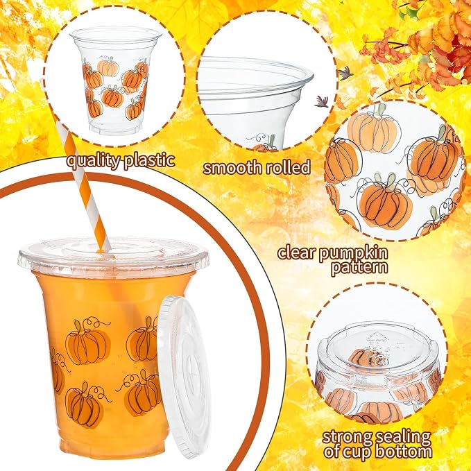 Umigy 100 Pack Honey Bee Plastic Disposable Cups with Lids and Straws 12 oz Disposable Cups for Juice Water Coffee Summer Party Sports Party Supplies(Pumpkin)