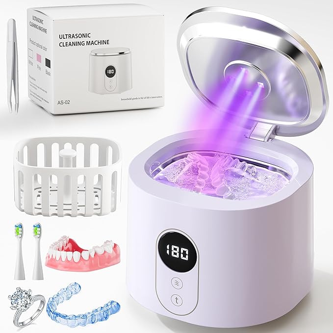 Ultrasonic Retainer Cleaner, 48kHz Dental Cleaning Pod with Digital Timer & 200ML Capacity for Dentures, Aligners, Night Guards,Mouth Guards, Braces, Toothbrush Heads &Jewelry (Purple;)