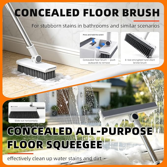 SDSM Broom with Dustpan Combo Set, 4 in 1 Multifunctional Broom and Dustpan with 52" Long Handle, Concealed Squeegee and Cleaning Brush, for Clean Home Kitchen Bathroom Office, Indoor Outdoor Floor