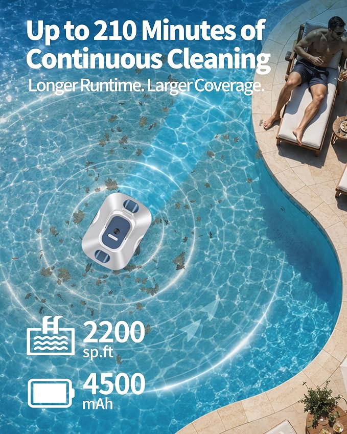 Robotic Pool Cleaner,Cordless Automatic Pool Cleaner with 210Mins Runtime,Pool Vacuum for Above Ground & Inground Pools,Easy Retrieve,Smart Planning,Coverage up to 2200 Sq.Ft,Light Navy