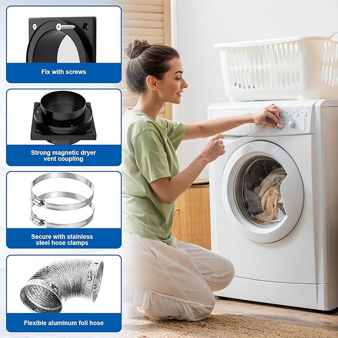 Magnetic Dryer Vent Coupling Kit, Airtight Seal Strong Magnetic Dryer Vent Connector, Quick Connect & Disconnect Flexible Exhaust Duct Adapter with Clamps & Screws for Easy Cleaning