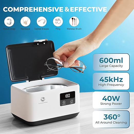 Ultrasonic Jewelry Cleaner 45KHz, 20oz Ultrasonic Cleaner with Cleaning Basket, 304 Stainless Steel Tank & 5 Modes, Ultrasonic Cleaner Machine for Jewelry, Glasses, Retainer, Watch Straps, Denture
