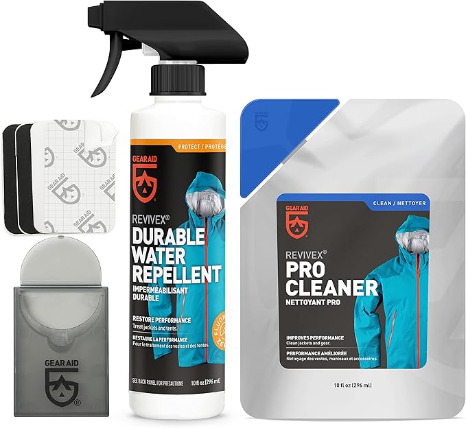 GEAR AID Outerwear Care Kit with Revivex Pro Cleaner, Revivex Durable Water Repellent Spray and Tenacious Tape Mini Patches